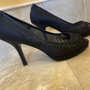 Style & Co.Black Heels have Sheer Fabric Pattern and Almond Open Toe